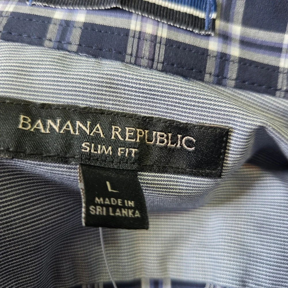 Banana Republic‎ Slim Fit Mens Large Navy Blue White Plaid Button Down Shirt L